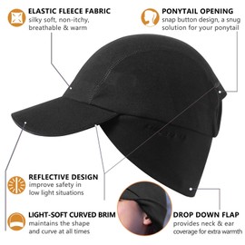 GADIEMKENSD Winter Ponytail Hat Reflective Fleece Running Hats for Women Baseball Caps with Earflap Drop Down Ear Warmer Mens Skull Cap Beanie with Visor Cold Hat for Outdoor Hiking Snow Ski Black