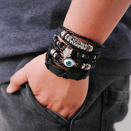 MILAKOO 4 Pcs Braided Leather Bracelet for Men Women Lava Rock Beads Bracelet 8mm