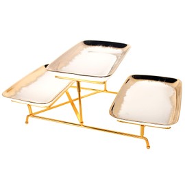 jinsongdafa 3-Tiered Serving Rack with Ceramic Tray, Foldable Gold Stand with 3-PCS 10.6 Inch Gold Rim Plates, for Food Display, Fruit, Dessert，Decoration for Parties Entertaining
