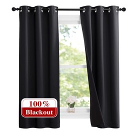 NICETOWN Complete 100% Blackout Curtain Set, Thermal Insulated & Energy Efficiency Window Draperies with Black Liner, Noise Reducing Short Curtains for Kids Room (Black, 37"W by 63"L, Double Panels)