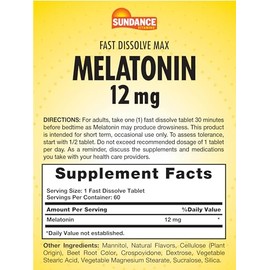 Melatonina 12mg | 60 tabletas de disolución rápida | Sabor natural de bayas | Suplemento vegetariano, sin OMG y sin gluten | por Sundance | Suplemento