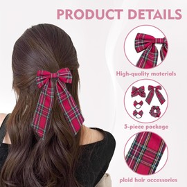 5 Pcs School Uniform Plaid Hair Bows, Uniform Hair Accessories For Girls, Plaid Bow Clips Scrunchies, Back To School Costume Accessories (Dark red)
