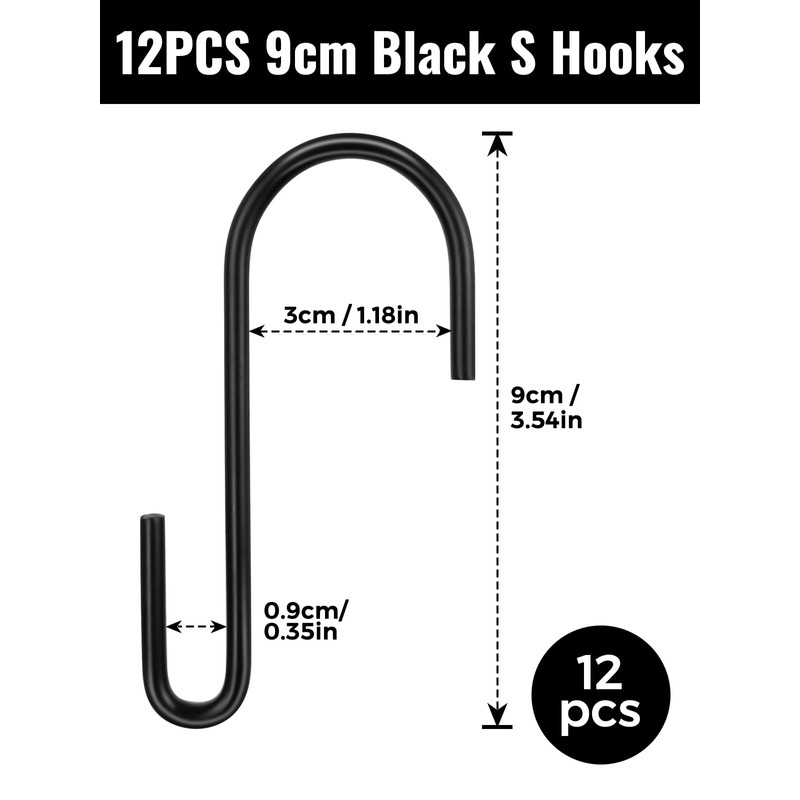 Sheryl&Rain Pack of 12 S Hooks, Black, Stainless Steel Hooks