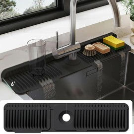 Silicone Sink Splash Guard 24-Inch, Non-Slip Faucet Splash Mat, Waterproof Draining Mat with Fasten Button for Kitchen & Bathroom Sinks, Durable Sponge Holder Protector Black:_Grey