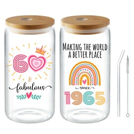 QUPT 60th Birthday Gifts for Women Men, 60th Birthday Gifts, 1965 Birthday Gifts for Women Men, 1965 Gifts for Her Him, Sixty Years Old Birthday Presents Glass Cups with Lids and Straws 16 Oz