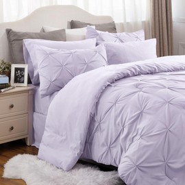 5 Piece Bed in Bag All Seasons Fluffy Comforter Set Twin Size | Pretty Pintuck Pinch Pleat Geometric Pattern Shabby Chic Bedding | Lilac Light Purple Color Soft Plush Cozy Feel Farmhouse Look