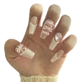 PIVHWIR Press On Nails,15 PCS Reusable Glitter Long Fake Nails, 3D Bow Design Press On Nails, Stick On Nails,Rhinestone Fake Nails-Pink (M)