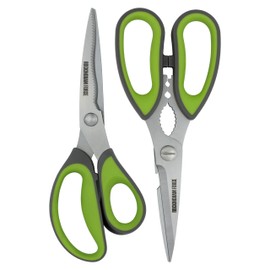 Rockingham Forge 2 Piece Sharp Kitchen and Household Scissor Set, Rust Resistant, Kinked and Curved 9CM Stainless Steel Blades, Nut Cracker and Bottle Opener, Green and Grey