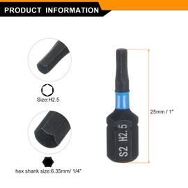 sourcing map 2pcs H2.5 Hex Screwdriver Bit 1/4" Hex Shank 25mm/1" Length Magnetic Hexagon Head Hex Bits S2 Steel Screw Driver Bit Industrial Grade Electric Drill Bits