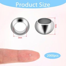 Pack of 2000 Crimp Beads 2 mm Round Crimp Beads Smooth Round Charm Bead Crimp End Spacer Stopper Beads Crimp End Spacer Beads for Earrings Necklace Pendant DIY Jewellery Making (Silver)