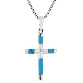 AeraVida Elegant X Cross Simulated Turquoise Inlay .925 Sterling Silver Pendant Necklace