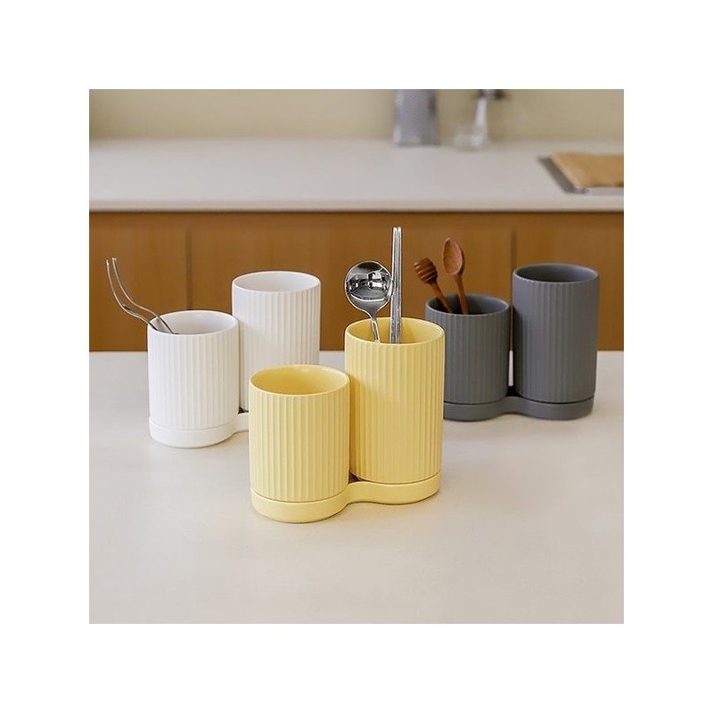 Pleated, drainage ceramic 2-compartment cutlery holder / 플리츠 물빠짐 도자기