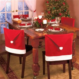 Generic Christmas Theme Santa Red Colour Chair Cover With Snowflake Pom Pom Short Back Fabric Covers Festive Xmas Dining Decoration, 50cm x 70cm, 6pcs, V-CH-CH-XMS-6