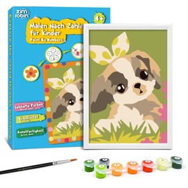 Zimrobin Painting by Numbers from 5 6 7 Years Girls and Boys, Painting by Numbers for Children with Frame, 1 Brush and Acrylic Paints, 12 x 8 cm (Puppy with Bow)