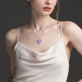 FJ February Birthstone Necklace for Women 925 Sterling Silver Amethyst Necklace Butterfly Pendant Rose Flower Necklace Jewellery Gifts for Women Mom Wife Girls Her