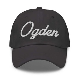 Ogden Baseball Cap Ogden Dad Hat Bold Baseball Script Michigan MI Hat Embroidered Souvenir Gift Dark Grey