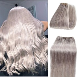 Sew in Hair Extensions Real Human Hair for Women,Platinum Sliver Silky Straight Hair Extensions Human Hair Bundles Hand Tied Weft Sew in Hair Extensions Real Human Hair Full Head