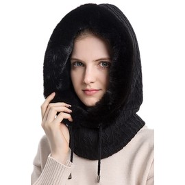 Women One Piece Slouchy Fleece Beanie Hats Scarf Mask Drawstring Warm Hooded Winter Balaclava Pullover Knitted Hat Black