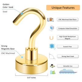 Neosmuk Magnetic Hooks, Cruise Ship Essentials, 30lb+ Heavy Duty Magnetic Hooks for Cruise Cabins, Refrigerator, Grill, Hanging, and Travel | Extra Strong Must-Haves Magnet Hook,Gold,5 Pack