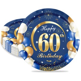 MORAINJAY 16Pcs Birthday Plates for 60,Navy Blue 7inch Paper Plates for 60th Birthday Party, Small Paper Plates for Men Women Her Him,Birthday Party Supplies Table Decor