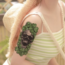 Smaoqingji Men Women Temporary Tattoos - Green, Pack of 5, Half Arm Skull Four Leaf Clover Tattoo Stickers, Adult Clavicle Shoulder Neck Simulation Waterproof Stickers