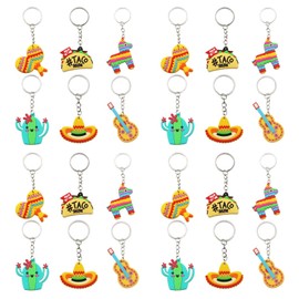CheeseandU 24Pcs Mexican Keychain Fiesta Party Favors Cinco De Mayo Key Chain Maraca Sombrero Taco Guitar Cactus Keyrings Pendant for Mexican Theme Party Birthday Baby Shower Party Supplies