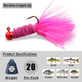 Crappie Jig Heads Marabou Hair Jigs 20PCS Feather Jig Lures Round Ball Head Jig Hooks Ice Fly Fishing Lures Hair Jig Bait for Bass Trout Walleye Sunfish Panfish