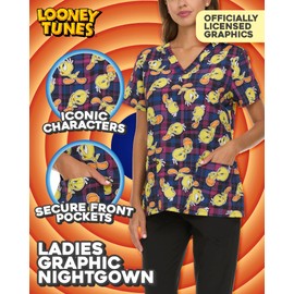 COCO BRANDS Womens Scrubs - Looney Tunes Tweety, Tom & Jerry Medical Top (S-XXL), Size X-Large, Black Plaid/Tweety