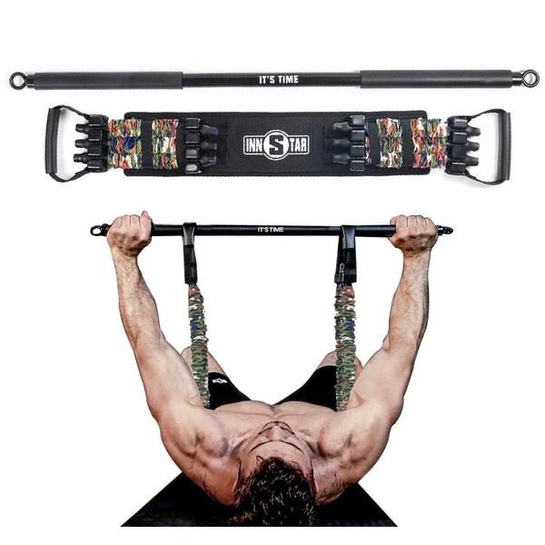 INNSTAR Adjustable Bench Press Band with Bar, Upgraded Push Up Resistance Bands, Portable Chest Builder Workout Equipment, Arm Expander for Home Workout,Gym,Fitness,Travel (Camo Army Green-120LB)