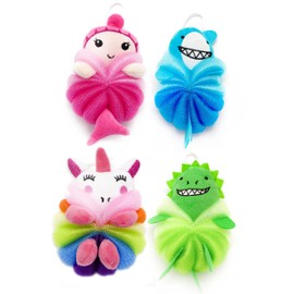 MURRI&MURRDI Bath Loofah for Kids, 4 Pcs Animal Body Scrubber Sponge, Lovely Cartoon Kids Bath Pouf Mesh for Children Toddler Shower 55g
