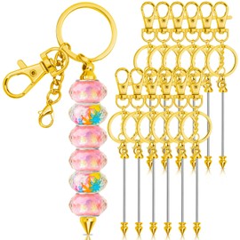 ROADPLUM 12 Pcs Beadable Keychain Bar, Gold Bead Keychain Beaded Items for Pendant DIY, Alloy Blank Key Chain Accessories Bulk for for Beadble Gift Jewelry Making Supplies