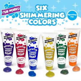 Tub Works® Bathtub Finger Paint Soap, Shimmer Colors 6 Pack | Non-Toxic | Washable Bathtub Paint for Finger Painting on Tub Walls | Ideal Toddler Bath Toys for Bath Art | Bath Paint for Kids Bath