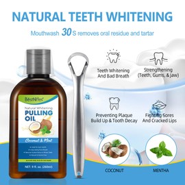 Coconut and Mint Infused Whitening Pulling Oil (9FL.OZ)260ML – Natural Teeth Whitening & Fresh Breath Solution with Tongue Scraper
