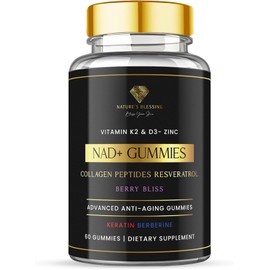 Nature's Blessing NAD+ Anti-Aging Gummies – Boost Cellular Repair, Brain Clarity & Radiant Skin – with Biotin, Collagen, Resveratrol, Vitamin D3, K2, Zinc & Keratin – Delicious Berry Bliss