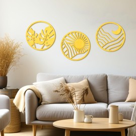 Zzbakress 3 PCS Boho Wall Art Decoration Vintage Boho Wooden Aesthetic Hollow-out Hanging Boho Farmhouse Wooden Decor for Bedroom Living Room Office (style 1, Gold)