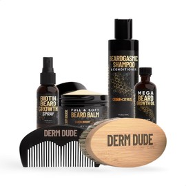 Derm Dude- Kit avanzado para el cuidado de la barba, estimula el crecimiento del vello facial, regalos para hombres, lavado, aceite, bálsamo, completo