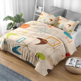 Pamnest Comforter Set King Size, Retro Geometric Science Soft 3 Pcs Bedding for Kids and Adults, Mid Century Vintage Atomic Comforter Set with Pillowcase, for Bedroom Bed Decor
