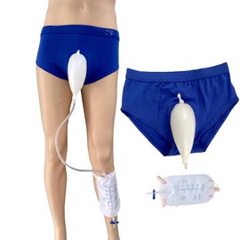 Incontinence Silicone Urine Collector Bag Underpants with Catheter Reusable Urinary Receiver Drainage Bag Shorts for Men Elderly (L)