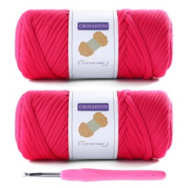 2 Pack T Shirt Yarn for Crocheting with 1 Crochet Hook, Elastic Tshirt Yarn for Crochet Bag/Baskets/Home Decor, Spaghetti Yarn Thick Knitting Yarn Total Length 130 Yds, Weight 14 Oz (Rose Red)