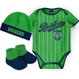 Size 00 NRL Canberra Raiders 'Lullaby' Baby Romper Bodysuit Beanie Booties 3pc Gift Set