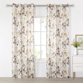 MYSKY HOME Living Room Linen Curtains 90 inch Floral Pattern Light Filtering Privacy Protect Drapes for Window Decoration Rustic Vintage Style for Family Room, 52" Wide, Yellow, 2 Pcs