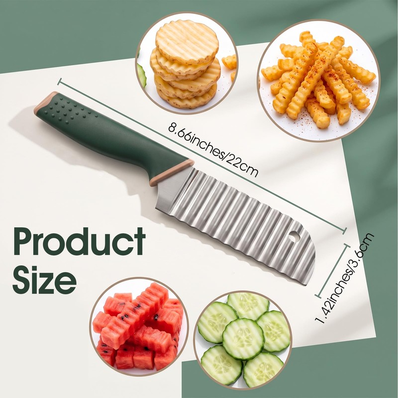 Crinkle Cutter Knife Waffle Fry Wave Slicer 8.66in Green Handle