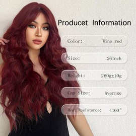 T-color Long Wine Red Wavy Wig for Women 26 Inch Middle Part Curly Wavy Wig Natural Looking Synthetic Heat Resistant Fiber Wig for Daily Wear, Party, Cosplay