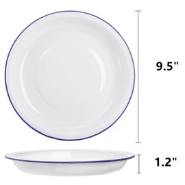 Dicunoy Set of 5 Enamel Plates, 9.5" Unbreakable Enamelware Dinner Serving Platter Trays, Retro White Round Shallow Bowls with Blue Rim for Pasta, Salad, Camping, Outdoor, Picnic, BBQ