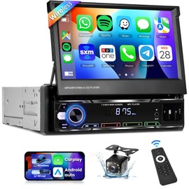 Podofo Upgrade Wireless CarPlay Single Din Radio 7 Inch Flip Out Touchscreen Car Stereo with Wireless Android Auto Bluetooth Mirror Link AM/FM USB Car Play Car Audio Receiver HD Backup Camera