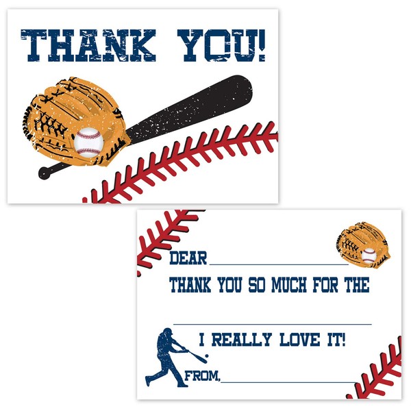 Baseball Fill in The Blank Thank You Cards for Boys (20 Count with Envelopes) - Baseball Party Supplies - Kids Sports Birthday Thank You Notes