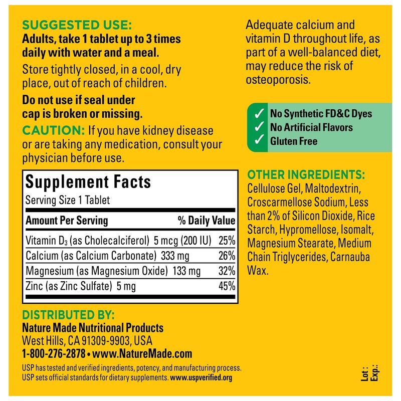 Nature Made Calcium Magnesium Zinc with Vitamin D3, Dietary Calcium