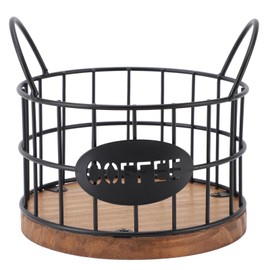 Coffee Pod Holder, K Cup Storage Basket Large Capacity Metal Wire Pod Organizer with Wooden Base Accessories Decor Station for Counter Office Kitchen Cafe Bar Desktop 10 Espresso Capsules Creamer