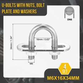 DTGN M6x16x34mm U Bolts Round Kit - 4Set - 304 Stainless Steel U-Bolt Kit with Nuts, Washers, Frame Plate - Good for DN8 Pipe, Trailer, Automotive, Leaf Spring Fastener