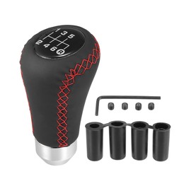 X AUTOHAUX Black Universal 6 Speed Car Gear Shift Knob PU Leather Red Stitches